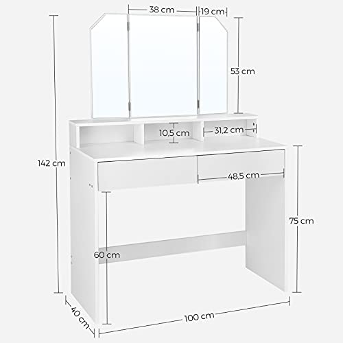 Sminkebord med trefoldigt spejl, 100 x 40 x 142 cm, hvid