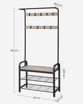 Garderobestativ med sæde, skohylde, 9 kroge, hylder, 183 cm høj, greige og sort