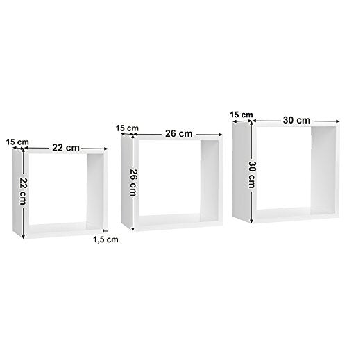 Væghyldesæt med 3 terninghylder 30/26/22 cm, dybde 15 cm, vægtkapacitet 15 kg, MDF terninghylder boghylder hvid - Lammeuld.dk