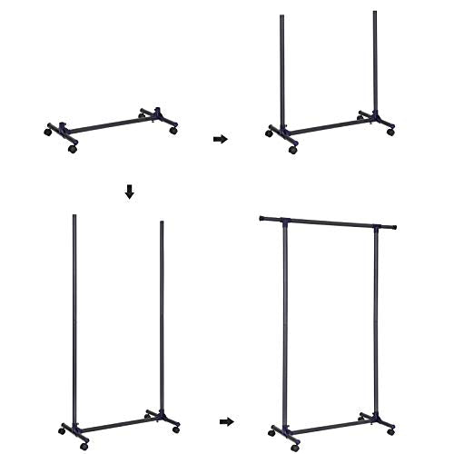 Udvideligt tøjstativ, rulletøjsstativ, tykt hængende skinne, 60 kg belastning, (87-150) x 44 x 165 cm, til frakker, kjoler, tørklæder, tasker, Matte BlacK - Lammeuld.dk