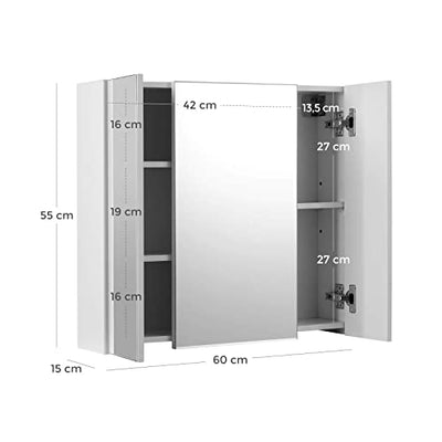 Badeværelsesskab med Spejl - Moderne Opbevaringsskab, 3 låger, Justerbar Hylde, 60x15x55 cm, Hvid
