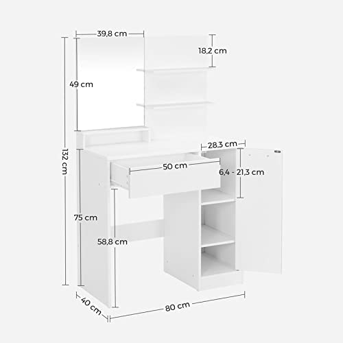 Moderne sminkebord / makeup-bord med spejl, 80 x 40 x 132 cm, hvid