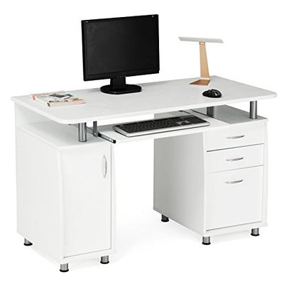 Skrivebord - Arbejdsstation med glidende tastatur, hylder, skab og 3 skuffer til hjemmekontor 121 x 60 x 76 cm - Lammeuld.dk