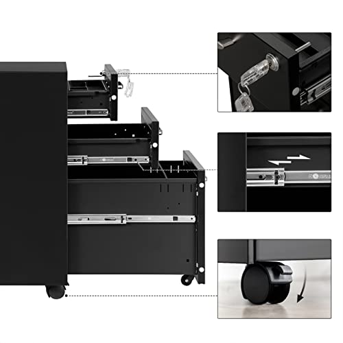 Kontorskuffe, Låsbar Dokumentskab, med 3 Skuffer, Hjul, til Dokumenter, Kontorartikler og Ophængte Mapper, Stål, Sort