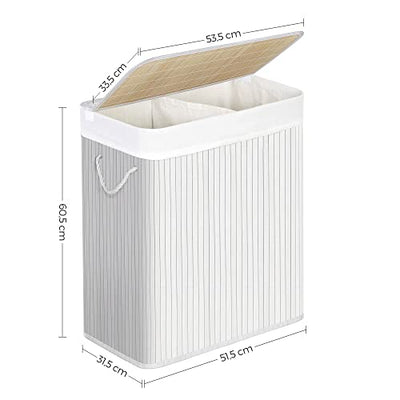 Opdelt vasketøjskurv  bambus med låg, 2-rum, 100L opbevaringskapacitet, hvid