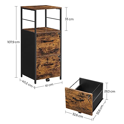 Hjemmekontor Arkivskab, 2 Skuffer, Åben Hylde, Stål, Industrielt, Rustik Brun/Sort