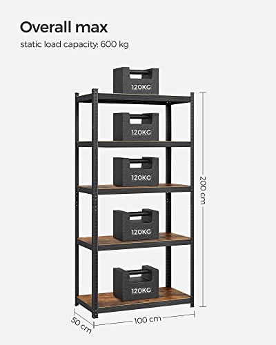 Reolsystem, 50x100x200 cm, 875 kg Belastningskapacitet (175 kg pr. Hylde), Industrielt, Rustik Brun og Sort