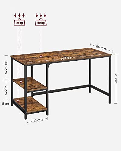 Skrivebord / computerbord med 2 hylder, 90x50 cm, stålramme, rustikt brun/sort