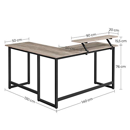 Computerbord, L-formet skrivebord, industrielt look, pladsbesparende, 140x130x76/91,5cm, greige og sort