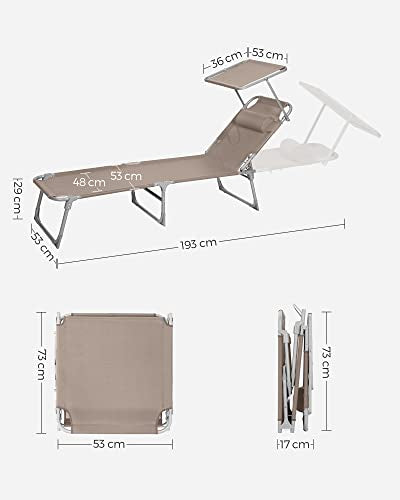 Solstol, Liggestol, Regulerbar Solstol med Nakkestøtte, Justerbart Ryglæn, Solsejl, Letvægts, Foldbar, 53 x 193 x 29,5 cm, Taupe