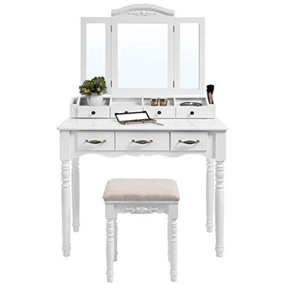 Påklædningsbord med 7 skuffer, Makeup-bord med tri-foldet halskæde med spejlet, 2 børsteåbninger og 4 åbne rum, massivt træben, pude - Lammeuld.dk