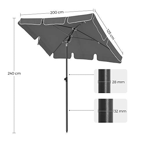 Rektangulær Altanparasol 2 x 1,25 m, UPF 50+ Beskyttelse, Justerbar Solskærm, Bæretaske, Fod Ikke Inkluderet, Grå