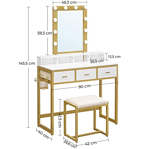 Sminkebord med skammel, 10 LED-pærer, spejl, L90 x B40 x H145,5cm, hvid med guldfarvet kant