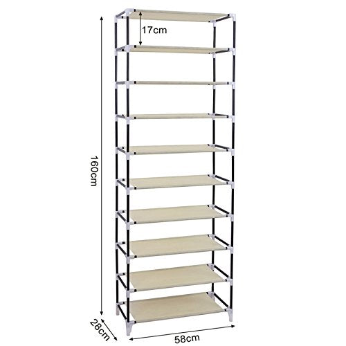 Songmics 10 Tier Shoe Rack Cabinet til 27 par sko Standing Storage Organizer Beige 58 x 28 x 160 cm - Lammeuld.dk