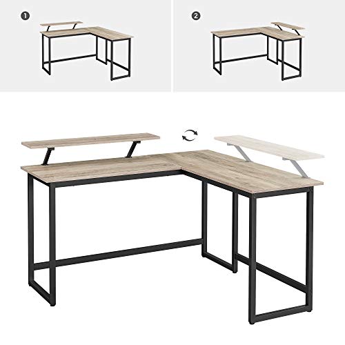 Computerbord, L-formet skrivebord, industrielt look, pladsbesparende, 140x130x76/91,5cm, greige og sort