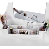 5 skuffer åbnet, hvidt toiletbord med rammeløst spejl, skuffe kan placeres med makeupper og makeup-redskaber