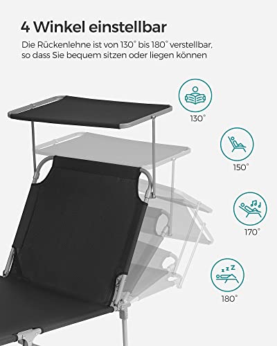 Solstol, Liggestol, Regulerbar Solstol med Nakkestøtte, Justerbart Ryglæn, Solsejl, Letvægts, Foldbar, 53 x 193 x 29,5 cm, Sort