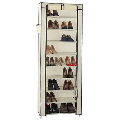 Songmics 10 Tier Shoe Rack Cabinet til 27 par sko Standing Storage Organizer Beige 58 x 28 x 160 cm - Lammeuld.dk