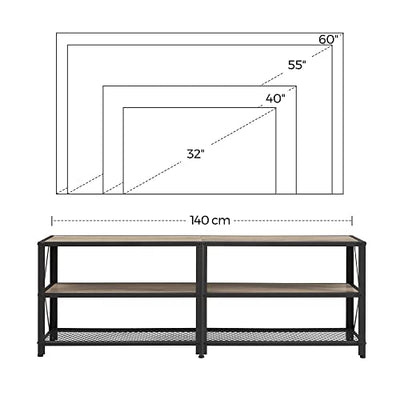 Tv-stander til tv op til 65 tommer, tv-bord, underholdningscenter, 3-lags tv-konsol, stålramme, industriel stil, til stue, grå og sort