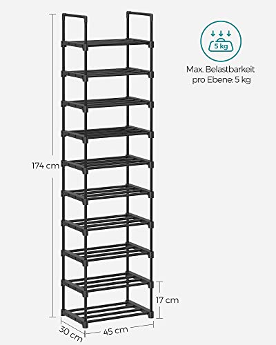 Skoreol med 10 hylder, Metalramme, 30x45x174 cm, Sort