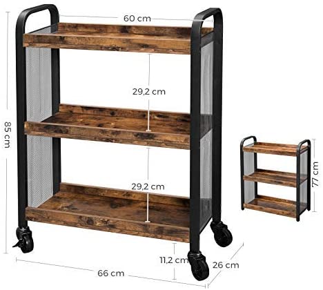 Serveringsvogn / køkkenvogn i rustikt look, 66 x 26 x 85 cm, brun og sort