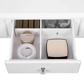 5 skuffer åbnet, hvidt toiletbord med rammeløst spejl, skuffe kan placeres med makeupper og makeup-redskaber