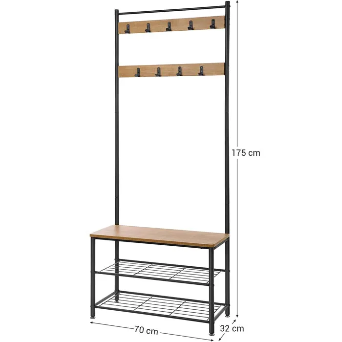 Garderobestativ med knager, skoreol og bænk, 70 x 175 x 32 cm