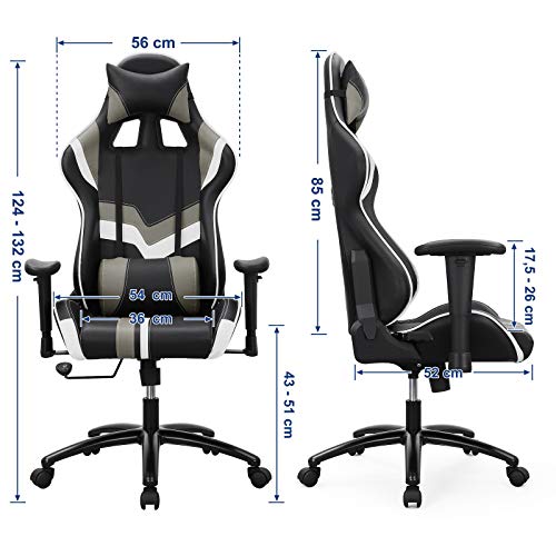 SONGMICS Gaming Racing stol Kontorstol til skrivebord med justerbar armlæn, lændestøtte, nakkestøtte 66 x 72 x 124-132 cm sort og hvid - Lammeuld.dk