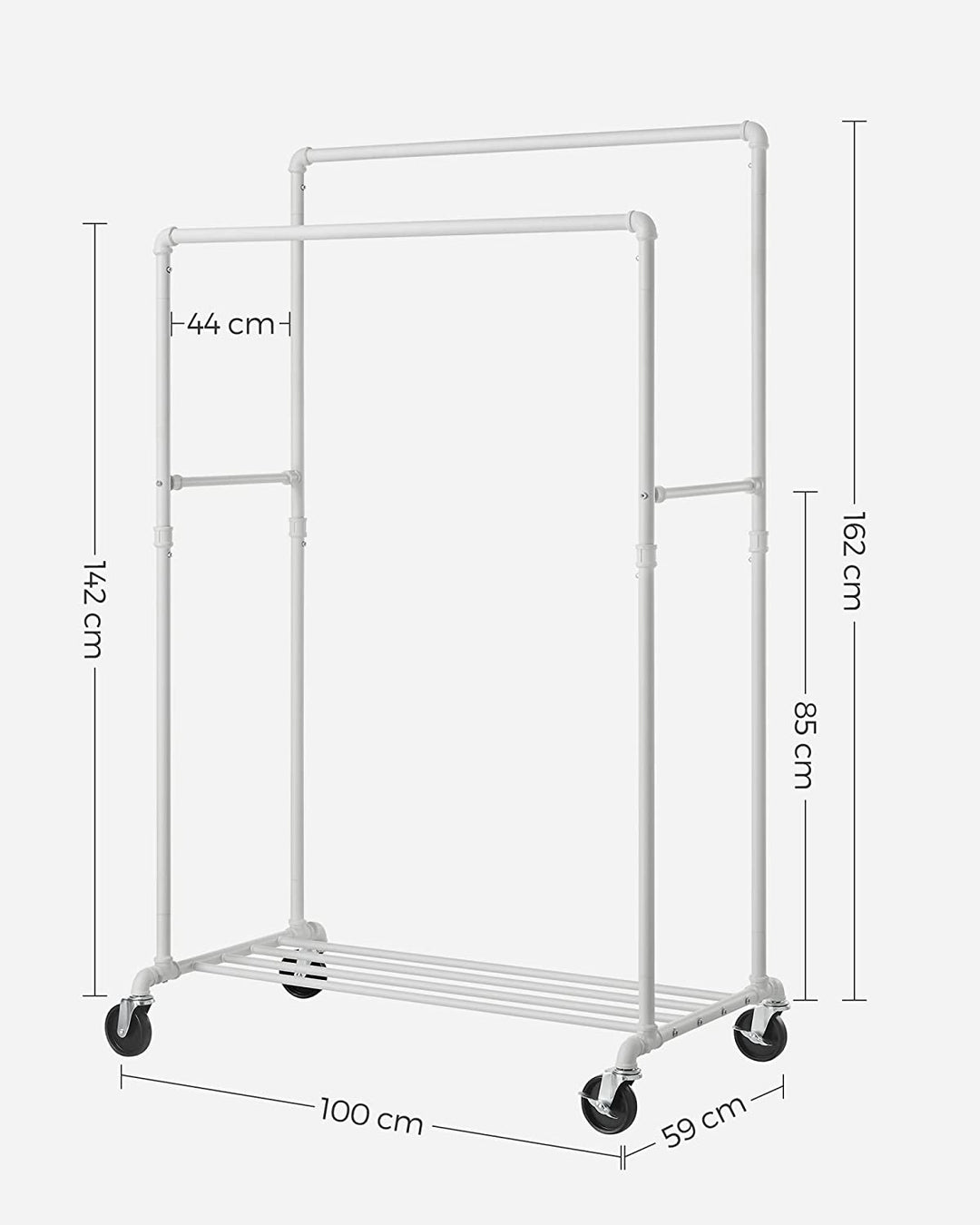 Stabilt og praktisk tøjstativ med to tøjstænger, 100 x 59 x 162 cm (L x B x H), hvid