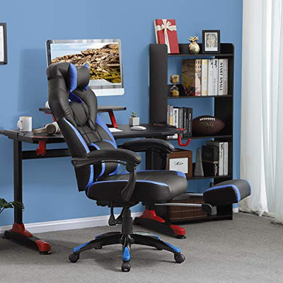 Gaming stol, kontorstol med fodstøtte, skrivebordsstol, ergonomisk design, justerbar nakkestøtte, lændestøtte, belastningskapacitet op til 150 kg, sortblå - Lammeuld.dk