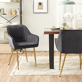Spisebordsstole, sæt af 6, lænestole, loungestol, med armlæn, betræk af fløjl, sædebredde 49 cm, metalben, grå-guldfarvet