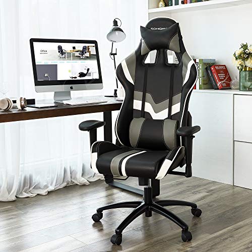 SONGMICS Gaming Racing stol Kontorstol til skrivebord med justerbar armlæn, lændestøtte, nakkestøtte 66 x 72 x 124-132 cm sort og hvid - Lammeuld.dk