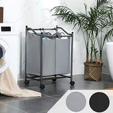 Vasketøjskurv med 2-rum til nem sortering - med aftagelig poser og hjul, i smuk grå farve - Lammeuld.dk