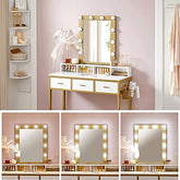 Sminkebord med skammel, 10 LED-pærer, spejl, L90 x B40 x H145,5cm, hvid med guldfarvet kant