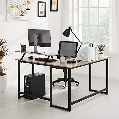 Computerbord, L-formet skrivebord, industrielt look, pladsbesparende, 140x130x76/91,5cm, greige og sort