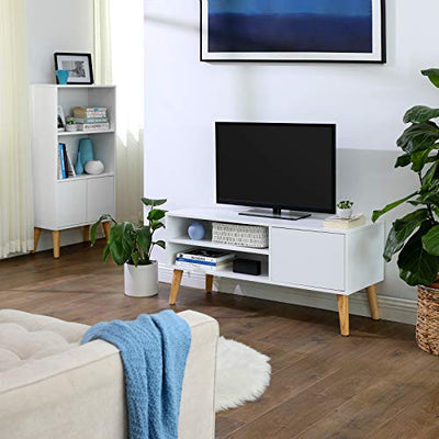 Skandinavisk / nordisk / moderne stil TV-bord med tv og bøger under og ved siden af en plante i et soveværelse