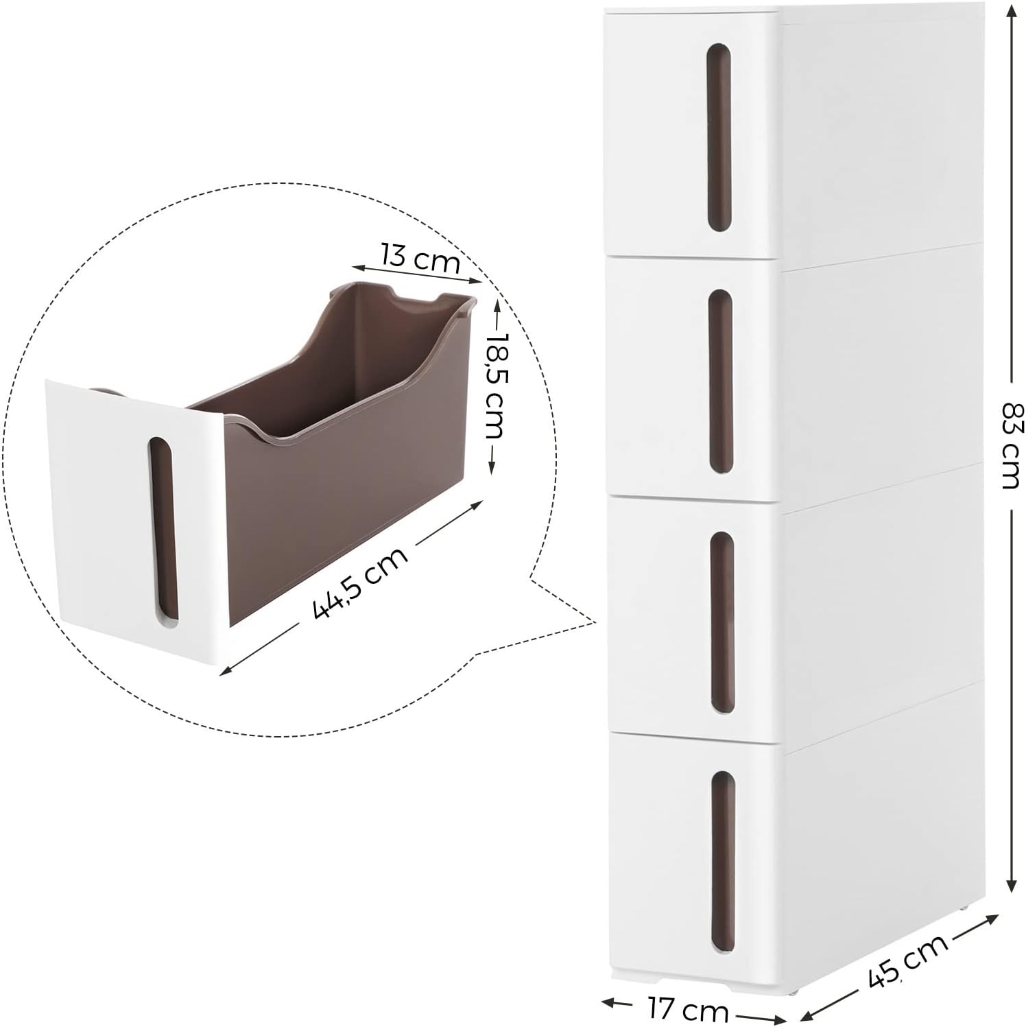 Smal rullevogn med 4 skuffer, 45 x 17 x 84 cm, hvid