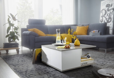 Sofabord, cement grå / hvid, 2 skuffer og hjul