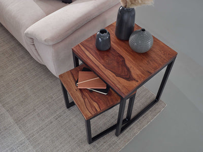 Designer sofaborde / indskudsborde, sæt af 2, moderne stilrent, industrielt look, smukt træ, brun