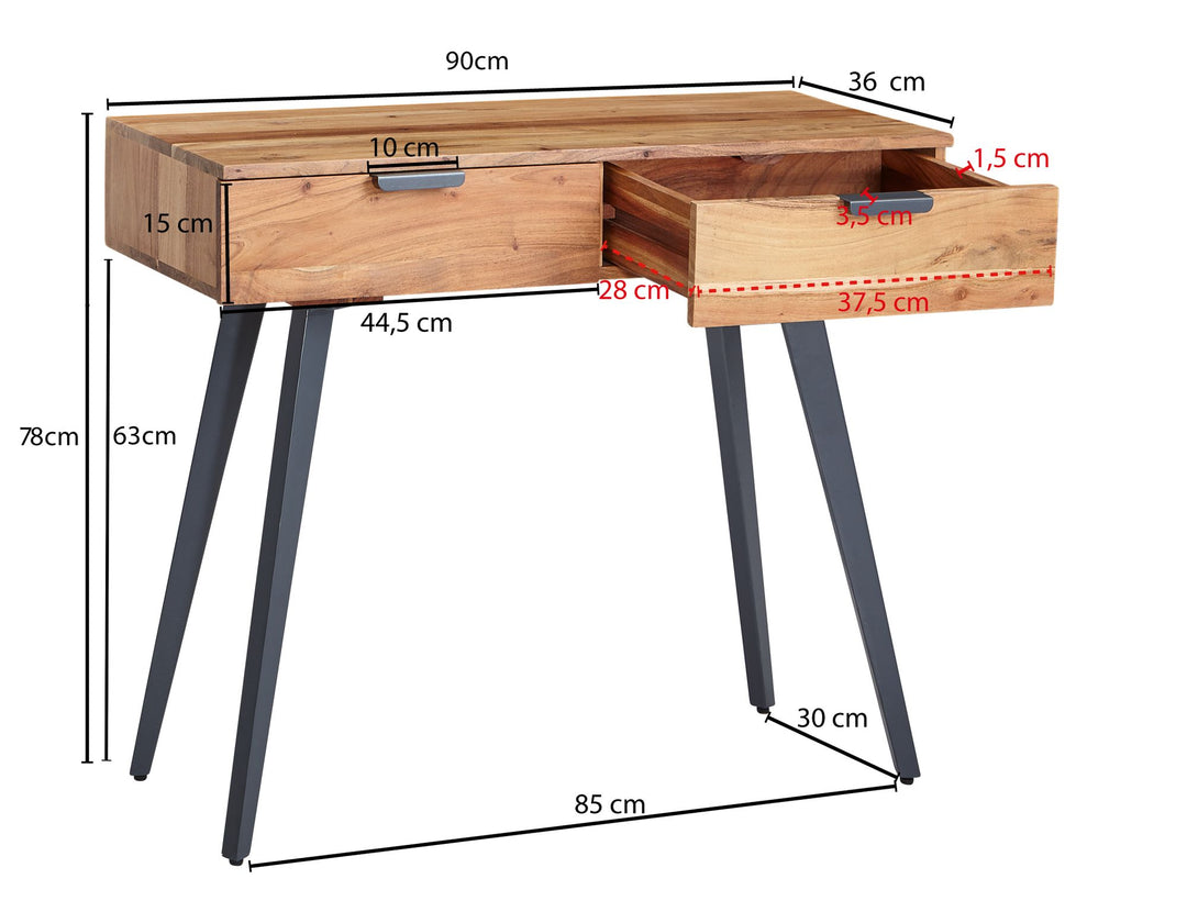 Konsolbord 90 x 78 x 36 cm massivt akacietræ / metal konsol med skuffer