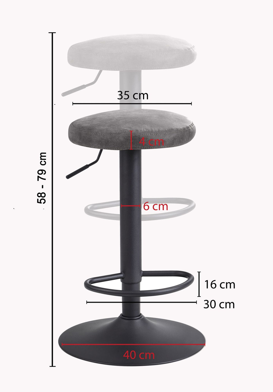 Roterende barstol / bistrostol, grå ruskind skammel uden ryglæn, 58-79 cm