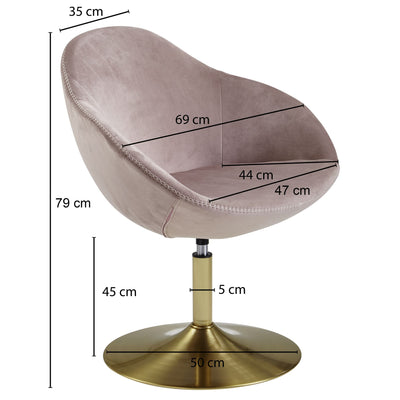 Designer stol i fløjl, pink / guldfarvet ben, 70x79x70 cm