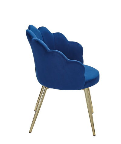 Spiseborddstol i tulipan-form, fløjl, polstret, blå med guldfarvede ben