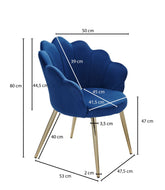 Spiseborddstol i tulipan-form, fløjl, polstret, blå med guldfarvede ben