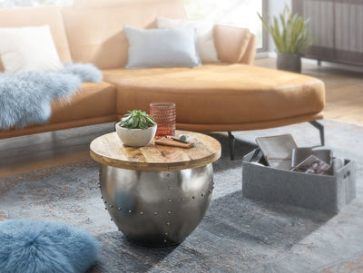 Sofabord i massivt træ / metal, 60x43x60 cm, industrielt look, natur- og sølvfarvet