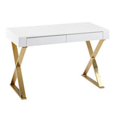 Designer skrivebord i hvid højglans med guldfarvet ben, 118x76x57 cm