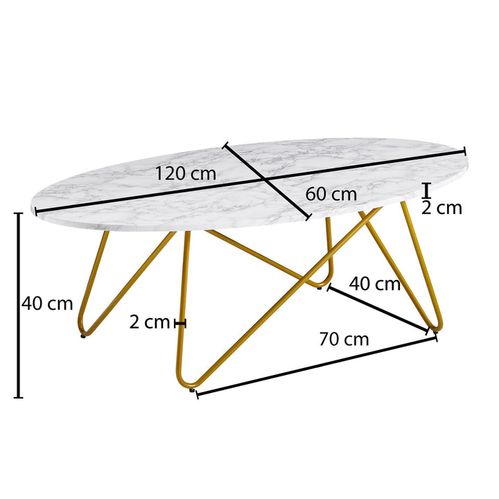 Ovalt sofabord i marmor look, 120x40x60 cm, hvid