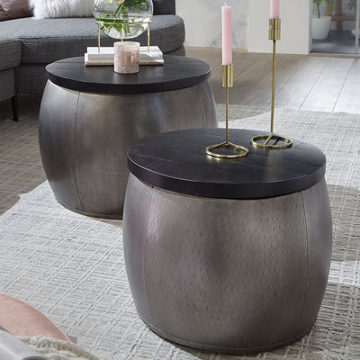Designer sofaborde, sæt med 2, metal og træ, sort og sølvfarvet