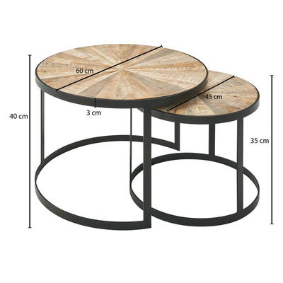 Design sofabord sæt med 2 Mango massivt træ indlejringsborde runde | Sofabord med metalben brun | Dækkeserviet 2-delt redebord træ / metal sort