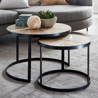 Design sofabord sæt med 2 Mango massivt træ indlejringsborde runde | Sofabord med metalben brun | Dækkeserviet 2-delt redebord træ / metal sort